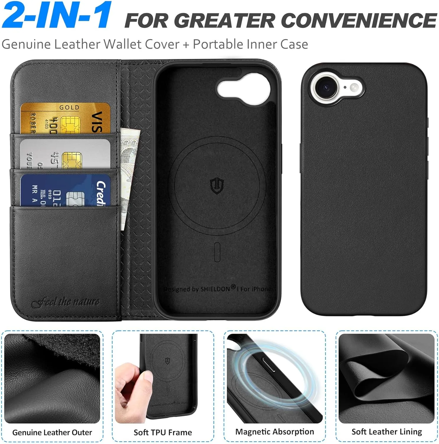 SHIELDON Wallet Case for iPhone 16e 2025 6.1", Genuine Leather Detachable Wireless Charging Folio Magnetic Kickstand RFID Blocking Card Slot Protective Cover Compatible with iPhone 16e - Nappa Black