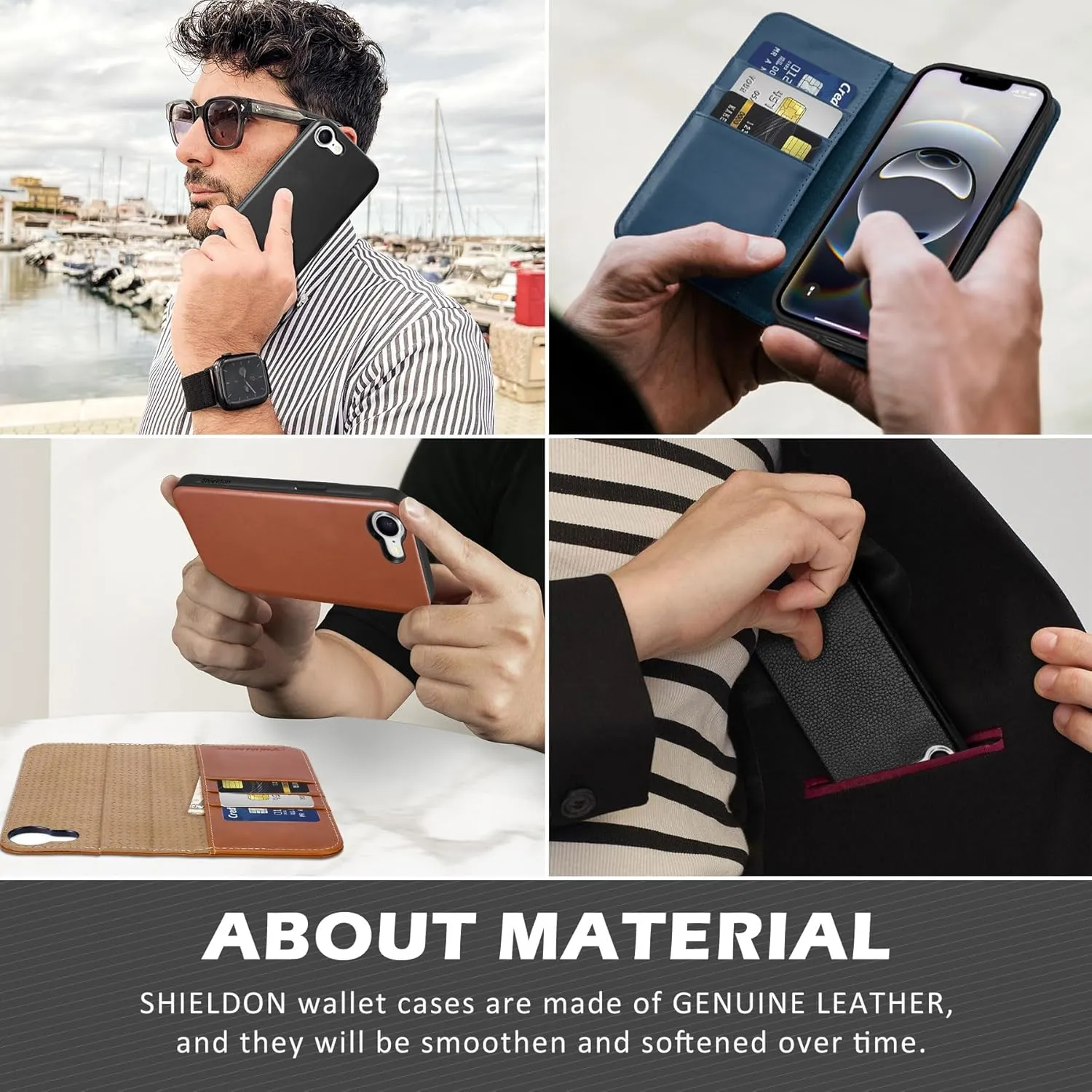 SHIELDON Wallet Case for iPhone 16e 2025 6.1", Genuine Leather Detachable Wireless Charging Folio Magnetic Kickstand RFID Blocking Card Slot Protective Cover Compatible with iPhone 16e - Nappa Black