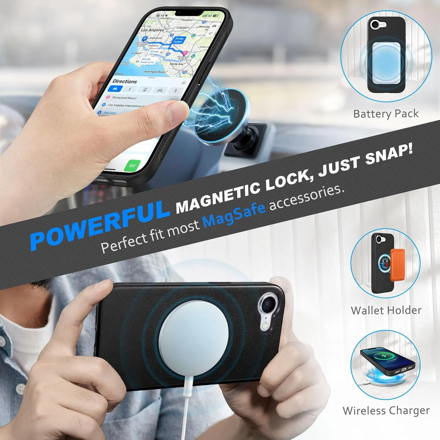 SHIELDON Wallet Case for iPhone 16e 2025 6.1", Genuine Leather Detachable Wireless Charging Folio Magnetic Kickstand RFID Blocking Card Slot Protective Cover Compatible with iPhone 16e - Nappa Black