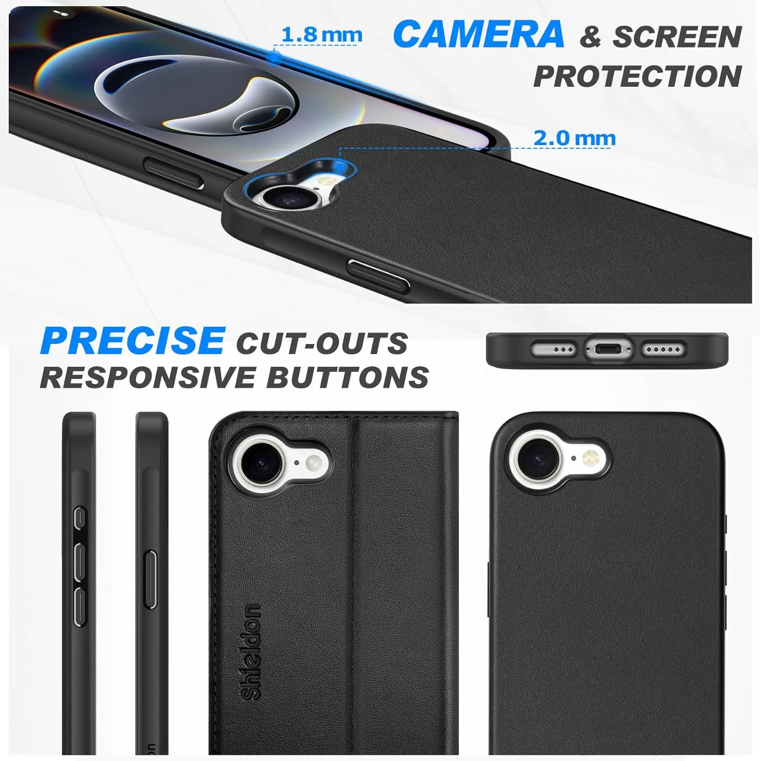 SHIELDON Wallet Case for iPhone 16e 2025 6.1", Genuine Leather Detachable Wireless Charging Folio Magnetic Kickstand RFID Blocking Card Slot Protective Cover Compatible with iPhone 16e - Nappa Black