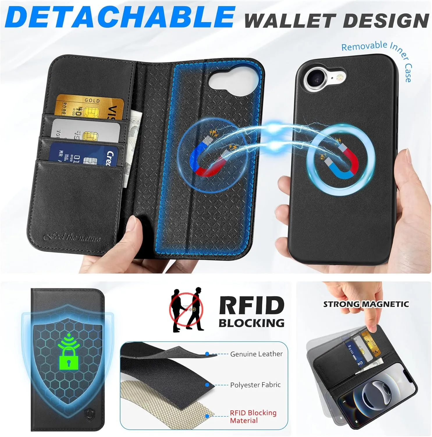 SHIELDON Wallet Case for iPhone 16e 2025 6.1", Genuine Leather Detachable Wireless Charging Folio Magnetic Kickstand RFID Blocking Card Slot Protective Cover Compatible with iPhone 16e - Nappa Black