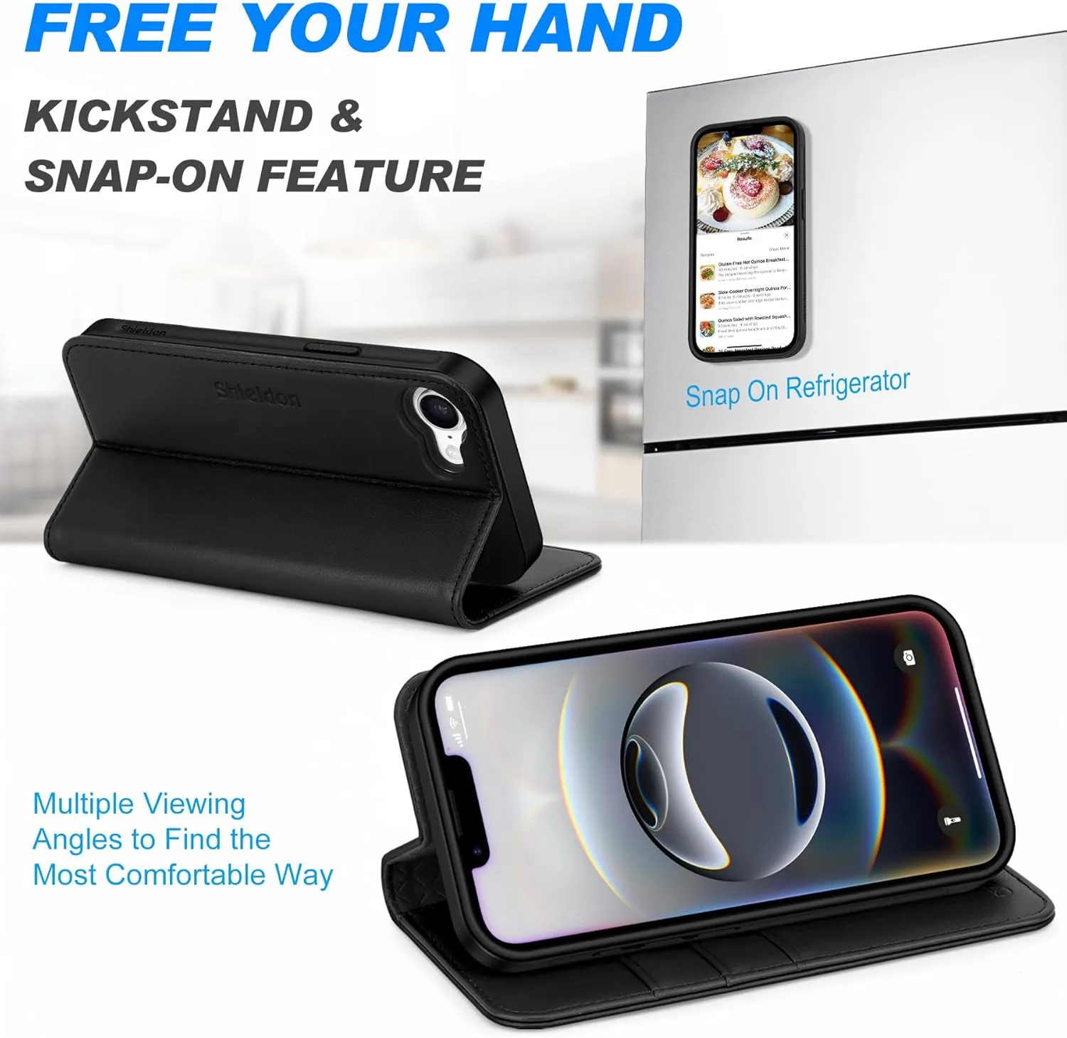 SHIELDON Wallet Case for iPhone 16e 2025 6.1", Genuine Leather Detachable Wireless Charging Folio Magnetic Kickstand RFID Blocking Card Slot Protective Cover Compatible with iPhone 16e - Nappa Black