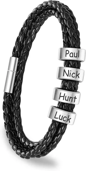ShineSand Personalized Mens Leather Bracelet with Custom Beads, Customized Braid Leather Bracelet Engraved with Names for Men