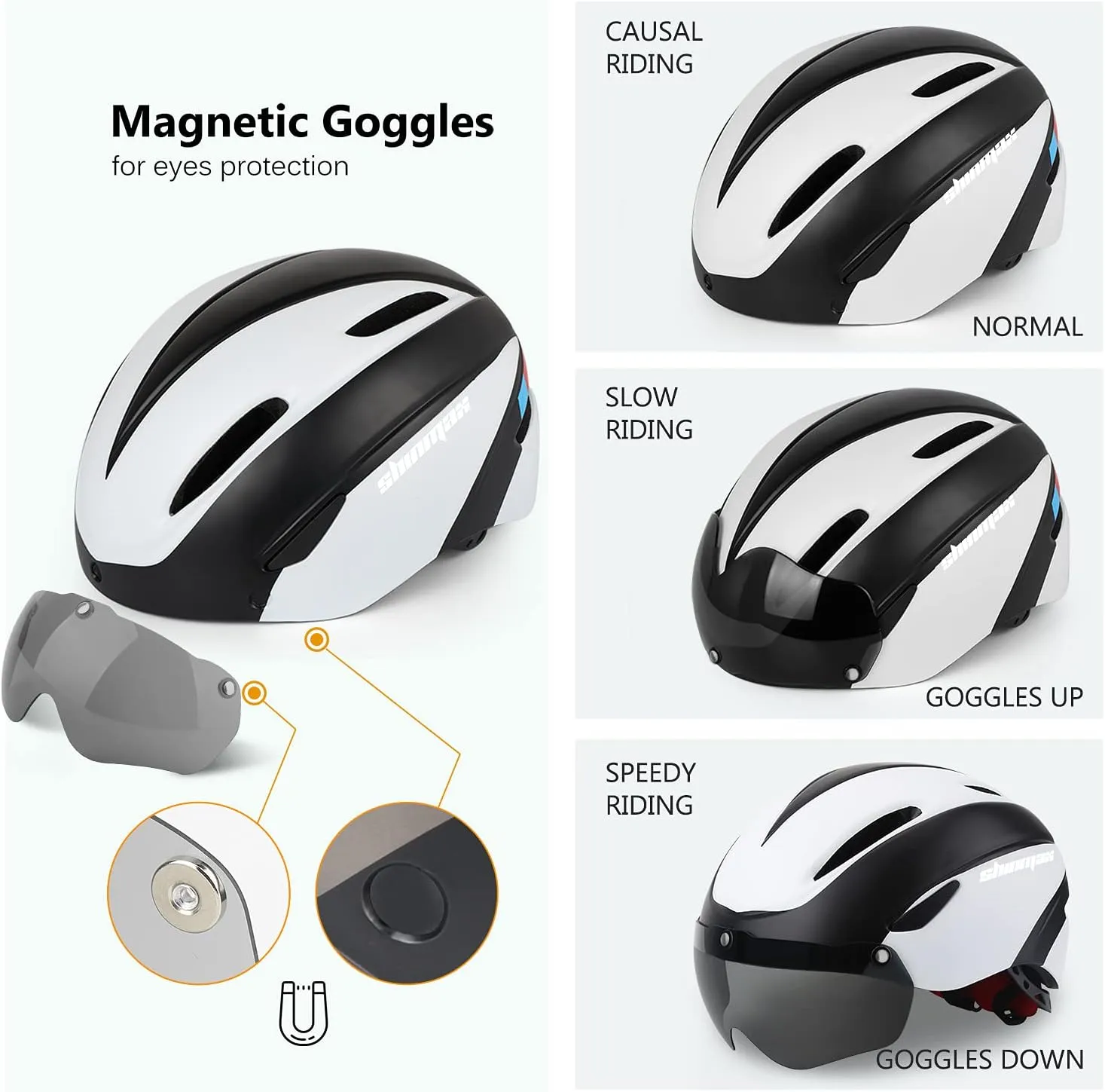 Shinmax Bike Helmet for Men Women, Bicycle Helmet with Detachable Magnetic Goggles Adjustable for Adult Road Biking Mountain Cycling Helmet (BC-001)