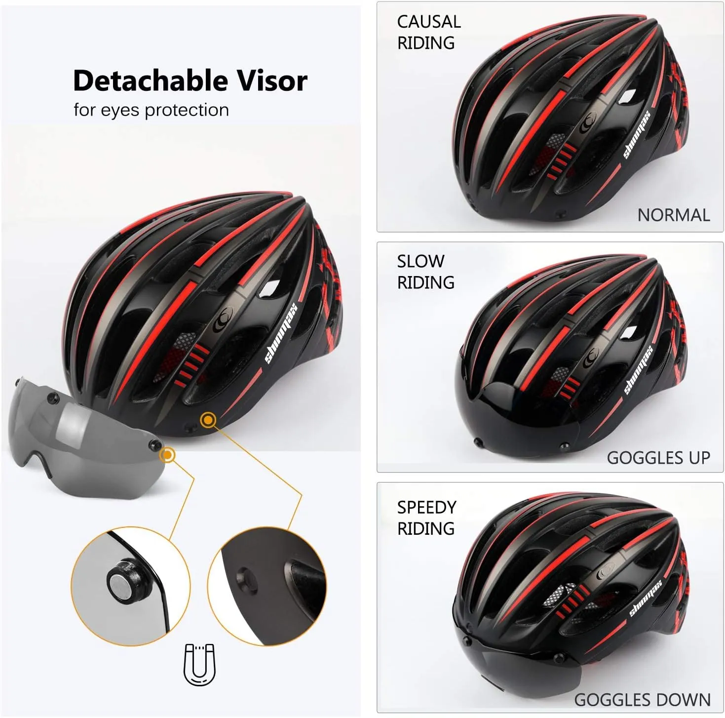 Shinmax Bike Helmet with USB Rechargeable Light & Detachable Magnetic Goggles UV Protective, Bicycle Helmet Men Women Mountain Road Adjustable Adult Cycling Helmet (WT-049)