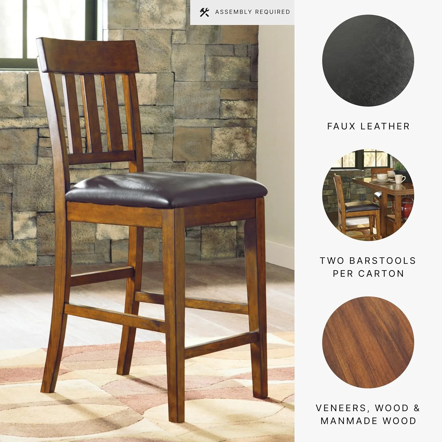 Signature Design by Ashley Ralene Traditional 26" Counter Height Faux Leather Seat Barstool, 2 Count, Brown