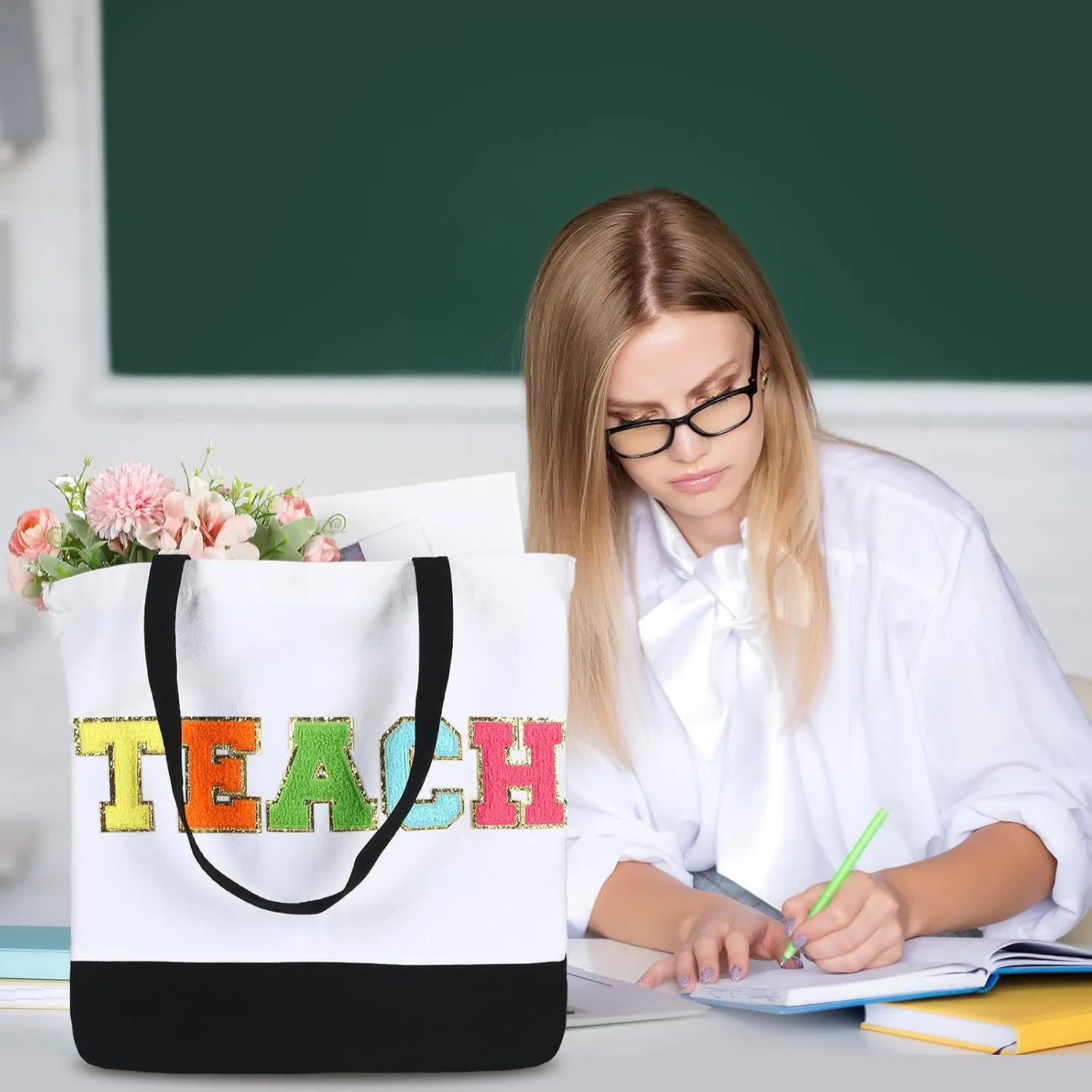 Silkfly Teacher Appreciation Gifts Canvas Bag Graduation Teacher Canvas Bag Letter Tote Patches Chenille(Fresh,18.5 x 15 Inches)
