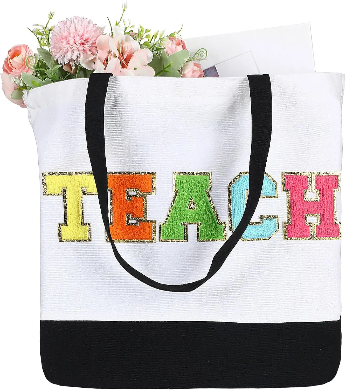 Silkfly Teacher Appreciation Gifts Canvas Bag Graduation Teacher Canvas Bag Letter Tote Patches Chenille(Fresh,18.5 x 15 Inches)