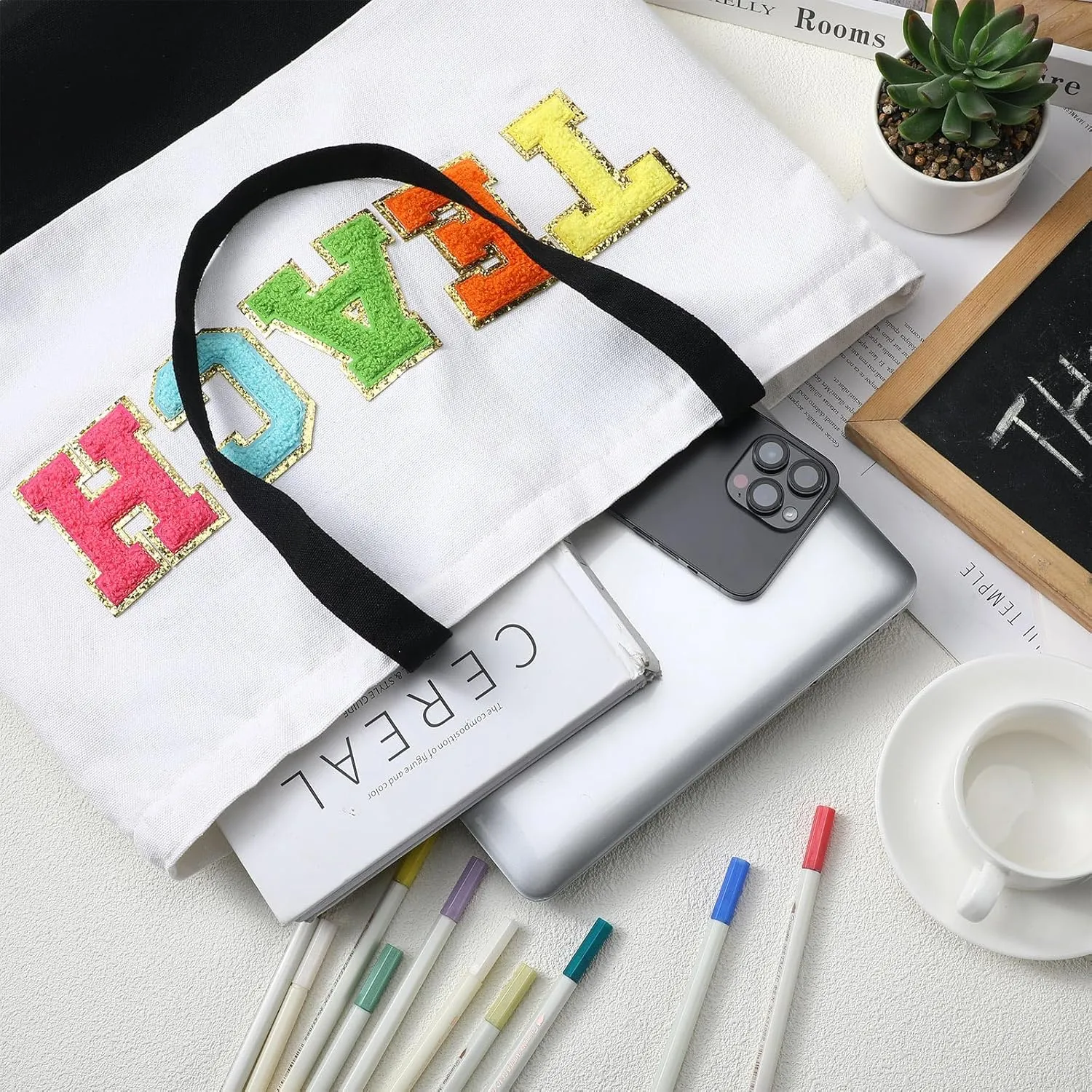 Silkfly Teacher Appreciation Gifts Canvas Bag Graduation Teacher Canvas Bag Letter Tote Patches Chenille(Fresh,18.5 x 15 Inches)