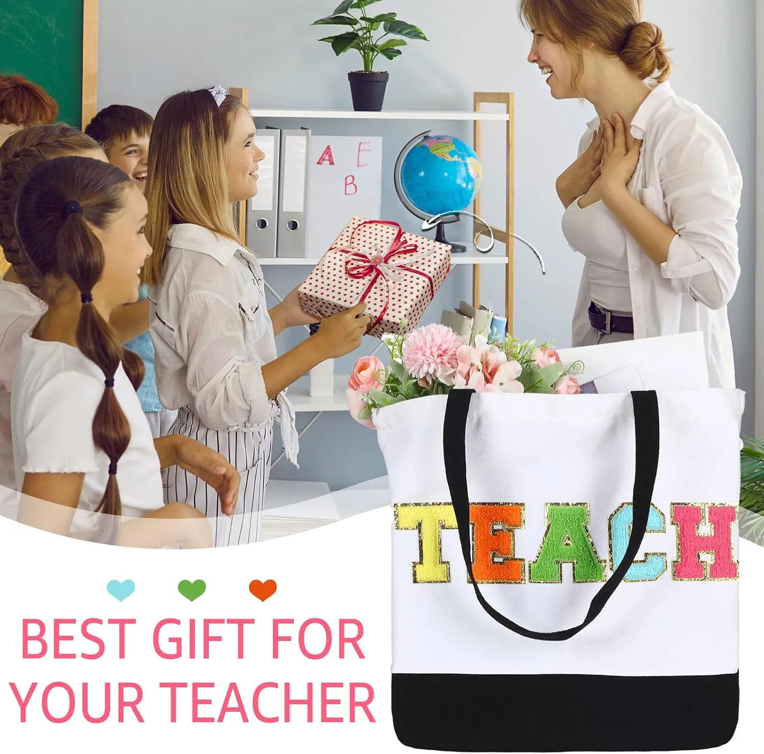 Silkfly Teacher Appreciation Gifts Canvas Bag Graduation Teacher Canvas Bag Letter Tote Patches Chenille(Fresh,18.5 x 15 Inches)