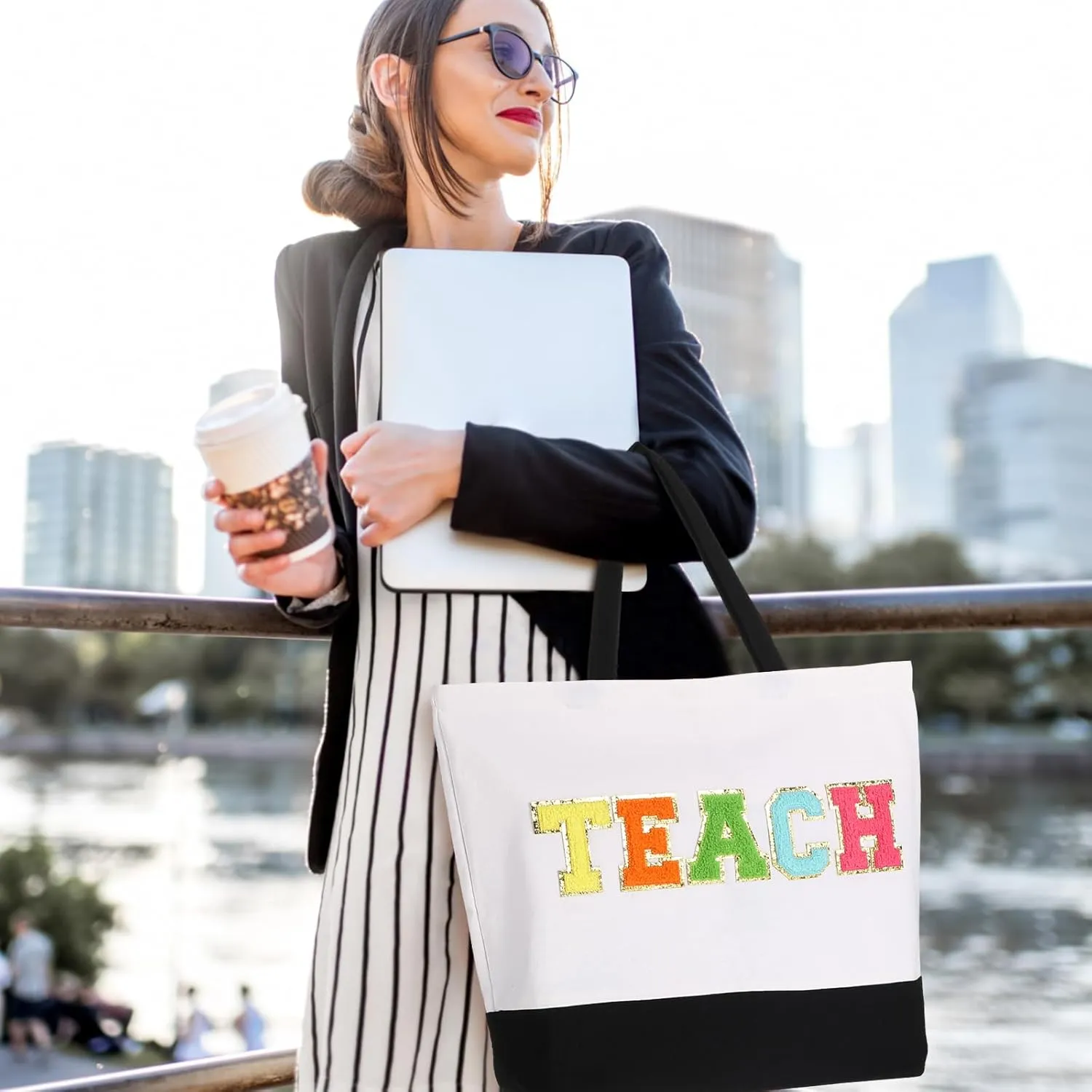 Silkfly Teacher Appreciation Gifts Canvas Bag Graduation Teacher Canvas Bag Letter Tote Patches Chenille(Fresh,18.5 x 15 Inches)