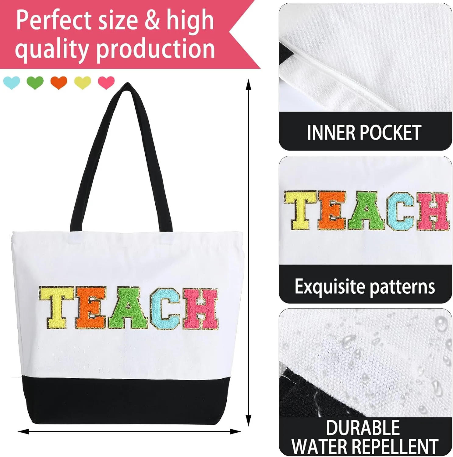 Silkfly Teacher Appreciation Gifts Canvas Bag Graduation Teacher Canvas Bag Letter Tote Patches Chenille(Fresh,18.5 x 15 Inches)