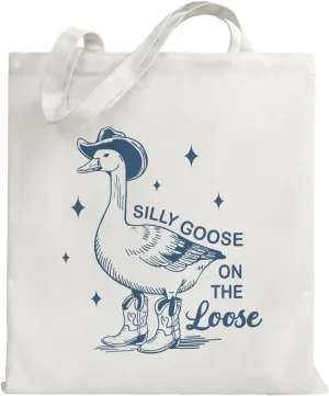 Silly Goose Canvas Tote Bag Gifts for Women Friends, Kawaii Cotton Shoulder Bag Gifts for Christmas Birthday Mother's Day, Silly Goose on the Loose