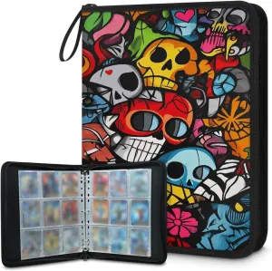 Skull Doodle Trading Card Binder 9 Pocket 900 Cards Holder Collector Album with 50 Removable Sleeves Toys Gifts for Boys Girls Colorful Graffiti Game Sports Cards