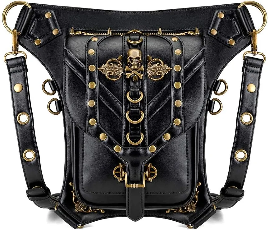 Skull Steampunk PU Leather Biker Cycler Vintage Gothic Shoulder Bag Handbag Leg Purse Retro Rock Gothic Goth, Black