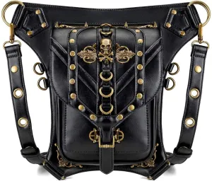 Skull Steampunk PU Leather Biker Cycler Vintage Gothic Shoulder Bag Handbag Leg Purse Retro Rock Gothic Goth, Black