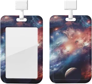 Sliding ID Badge Holder Vertical Plastic Badge Holder with Clear Window Retractable Lanyard Badge Reel Universe Galaxy Outer Space ID Card Holder Waterproof Card Protector Cover for Office Work Nurses