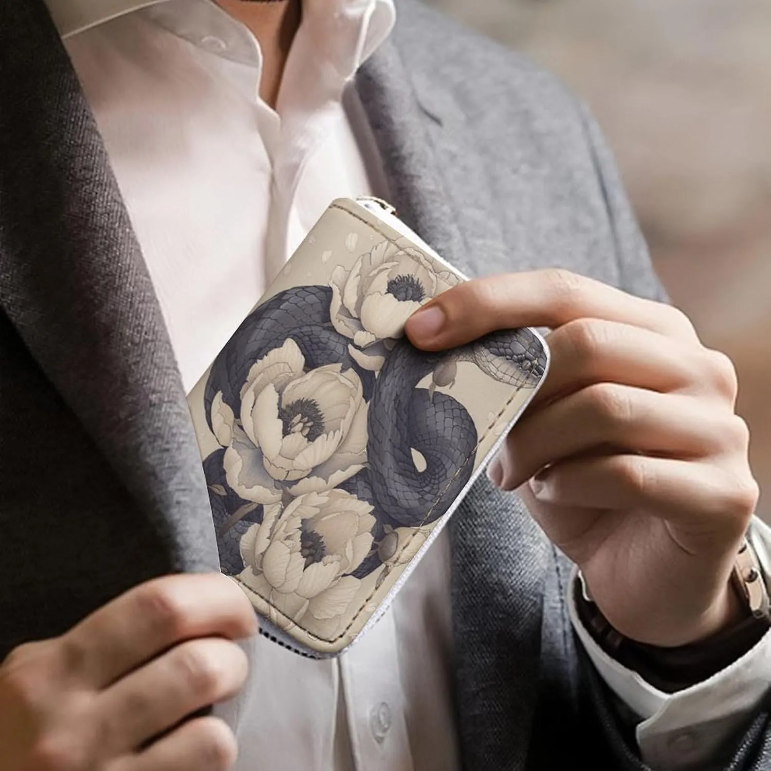 Slim Credit Card Holder Minimalist Black Snake And Flower Printing Leather Card Bag Compact Card Organizer For Daily Use