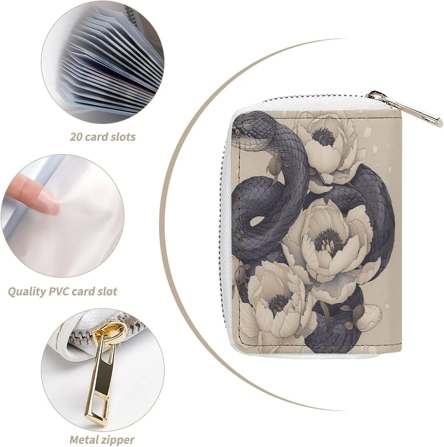 Slim Credit Card Holder Minimalist Black Snake And Flower Printing Leather Card Bag Compact Card Organizer For Daily Use
