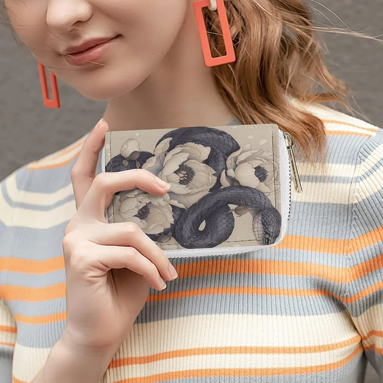 Slim Credit Card Holder Minimalist Black Snake And Flower Printing Leather Card Bag Compact Card Organizer For Daily Use