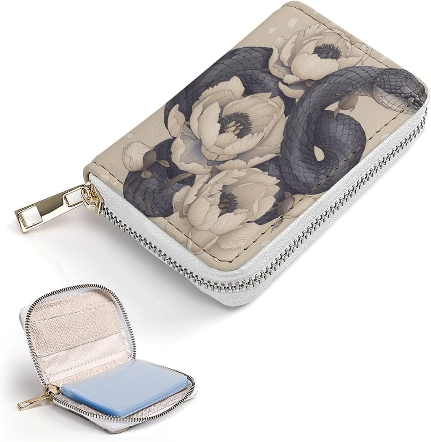 Slim Credit Card Holder Minimalist Black Snake And Flower Printing Leather Card Bag Compact Card Organizer For Daily Use