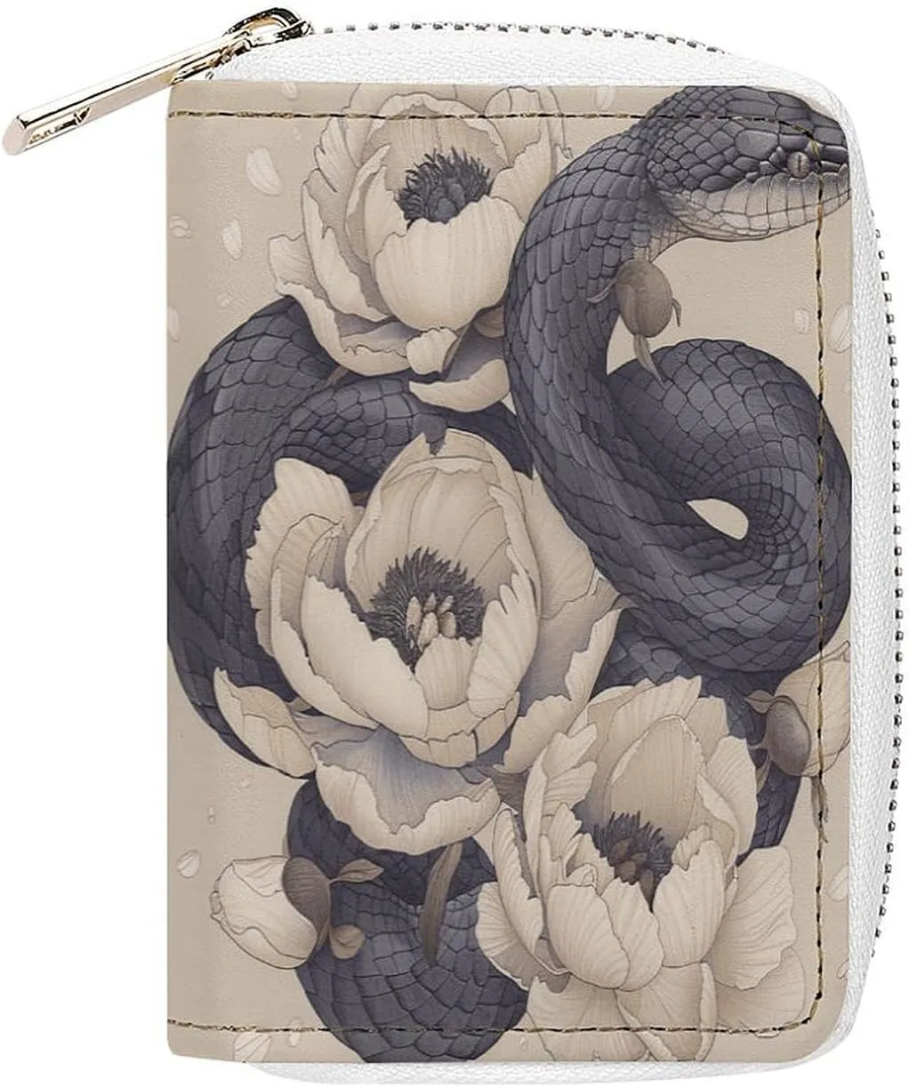 Slim Credit Card Holder Minimalist Black Snake And Flower Printing Leather Card Bag Compact Card Organizer For Daily Use