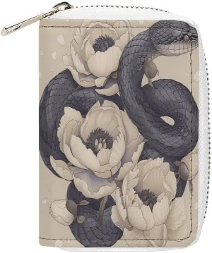Slim Credit Card Holder Minimalist Black Snake And Flower Printing Leather Card Bag Compact Card Organizer For Daily Use