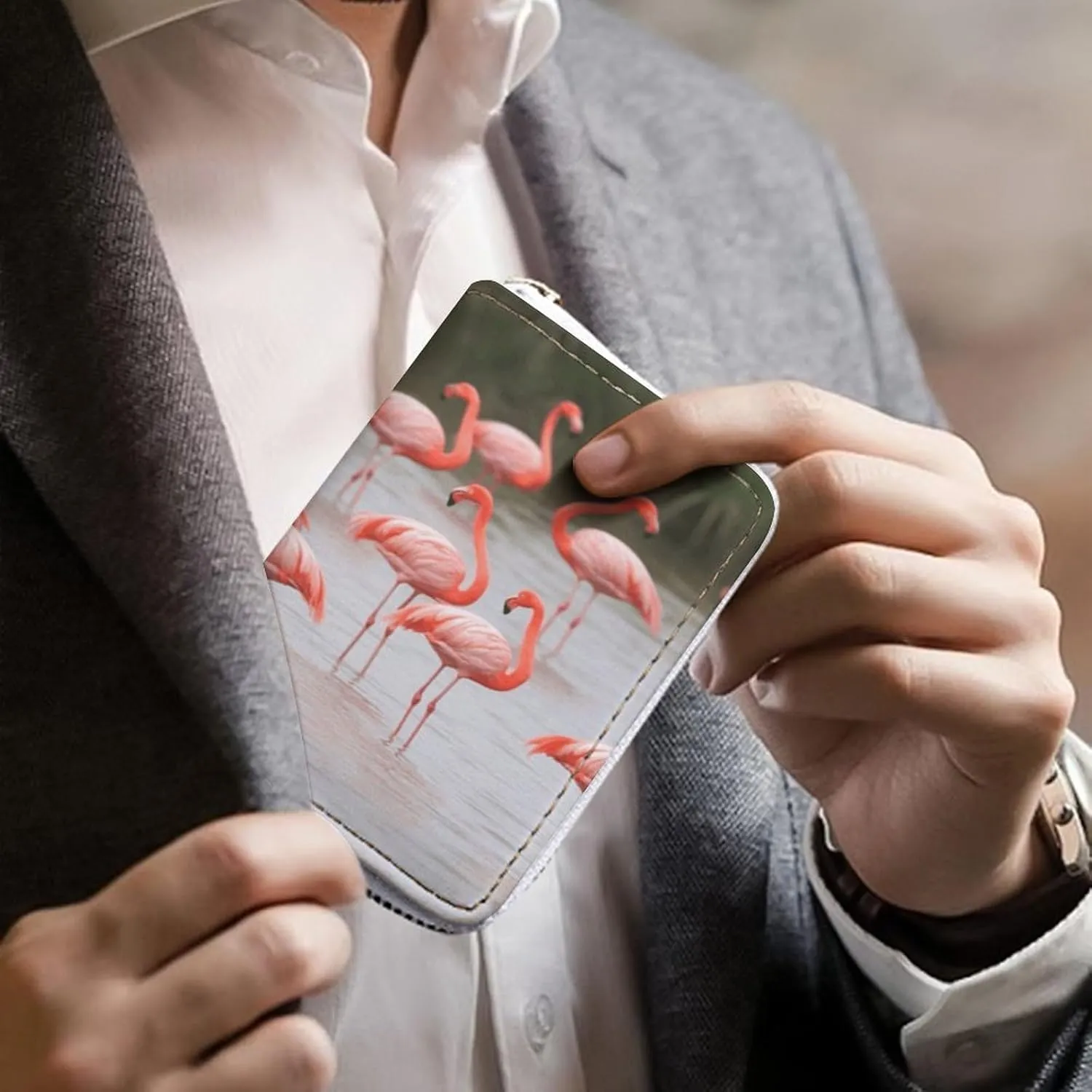 Slim Credit Card Holder Minimalist Flamingos Printing Leather Card Bag Compact Card Organizer For Daily Use