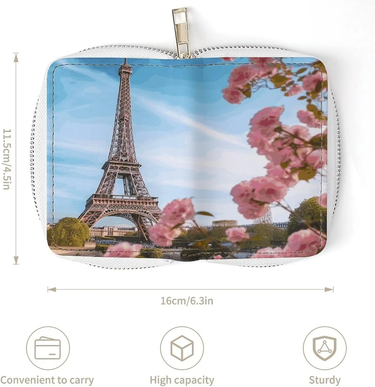 Slim Credit Card Holder Minimalist Paris Eiffel Tower with Flowers Printing Leather Card Bag Compact Card Organizer For Daily Use