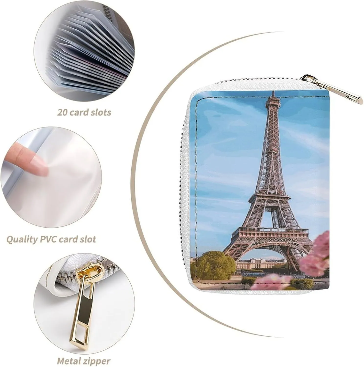 Slim Credit Card Holder Minimalist Paris Eiffel Tower with Flowers Printing Leather Card Bag Compact Card Organizer For Daily Use
