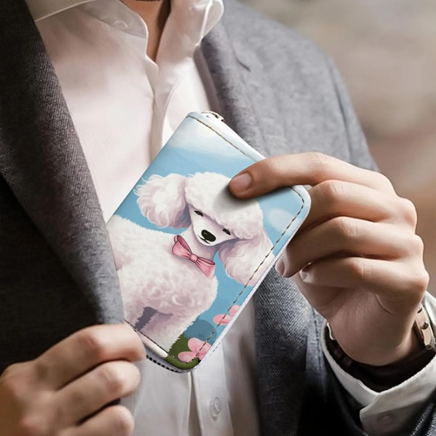 Slim Credit Card Holder Minimalist Poodles Dogs Printing Leather Card Bag Compact Card Organizer For Daily Use