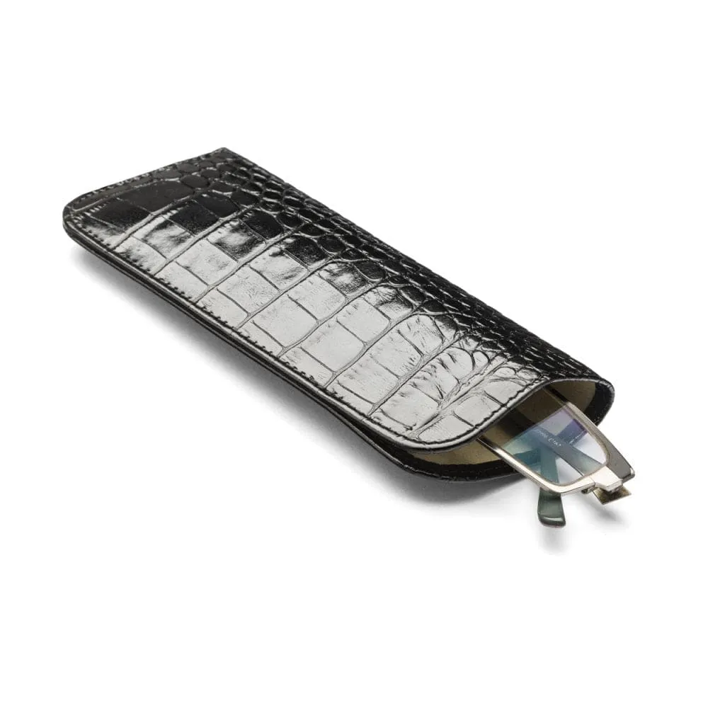 Small Leather Glasses Case - Black Croc-Effect