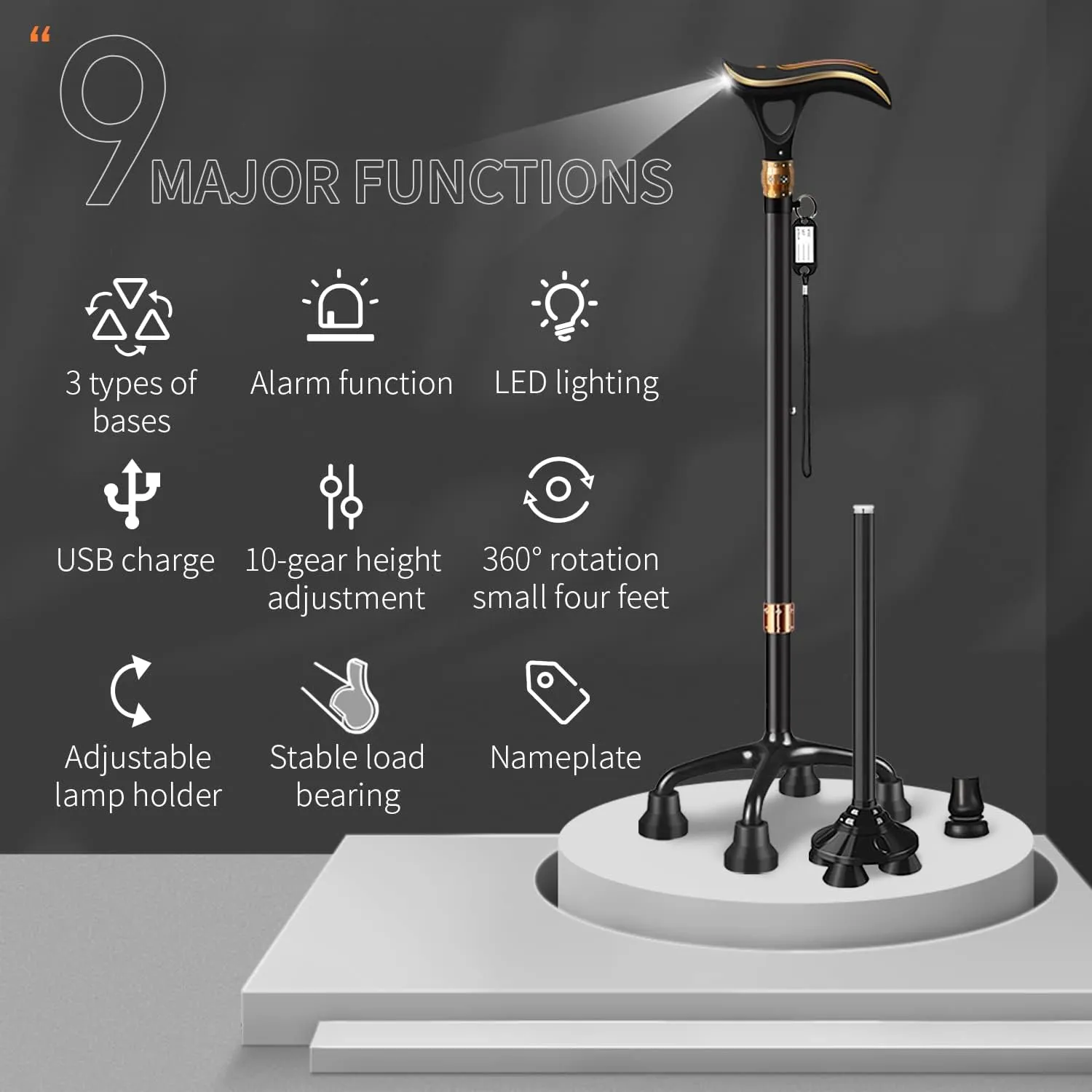 Smart Alarm Walking Cane for Men & Women, Telescopic and Adjustable Walking Sticks for Seniors, USB Direct Charge, with LED Light, One Cane for Three Purposes, Light and Stable