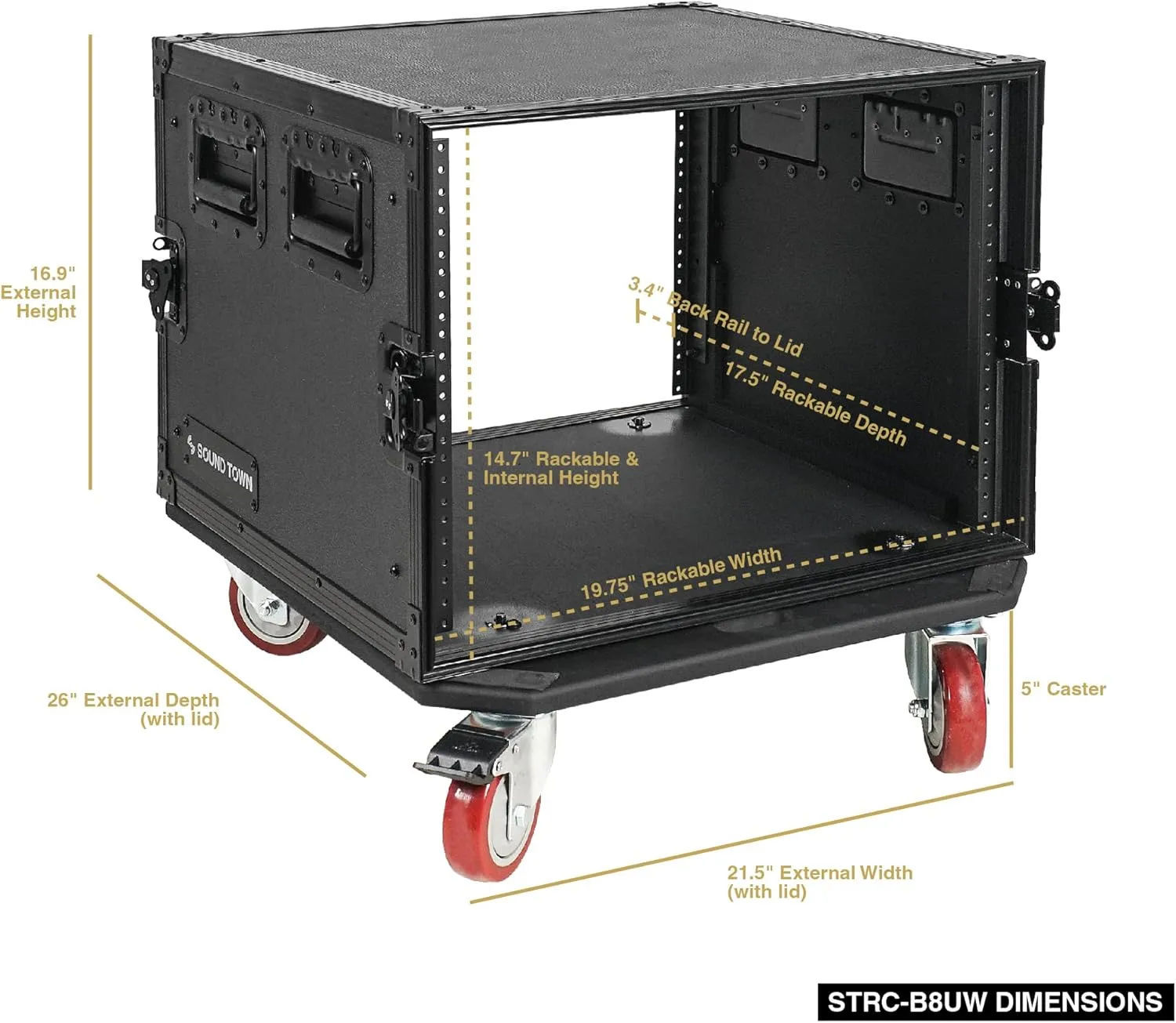 Sound Town Black Series 8U PA/DJ Rack/Road Case with 8-Space, All-Black Anodized Hardware, Plywood, Casters, and 21” Rackable Depth - Pro Tour Grade (STRC-B8UW)
