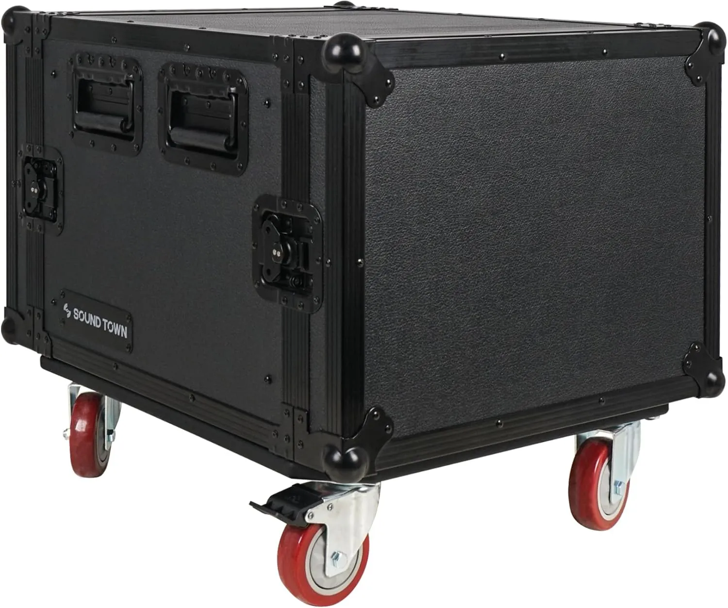 Sound Town Black Series 8U PA/DJ Rack/Road Case with 8-Space, All-Black Anodized Hardware, Plywood, Casters, and 21” Rackable Depth - Pro Tour Grade (STRC-B8UW)