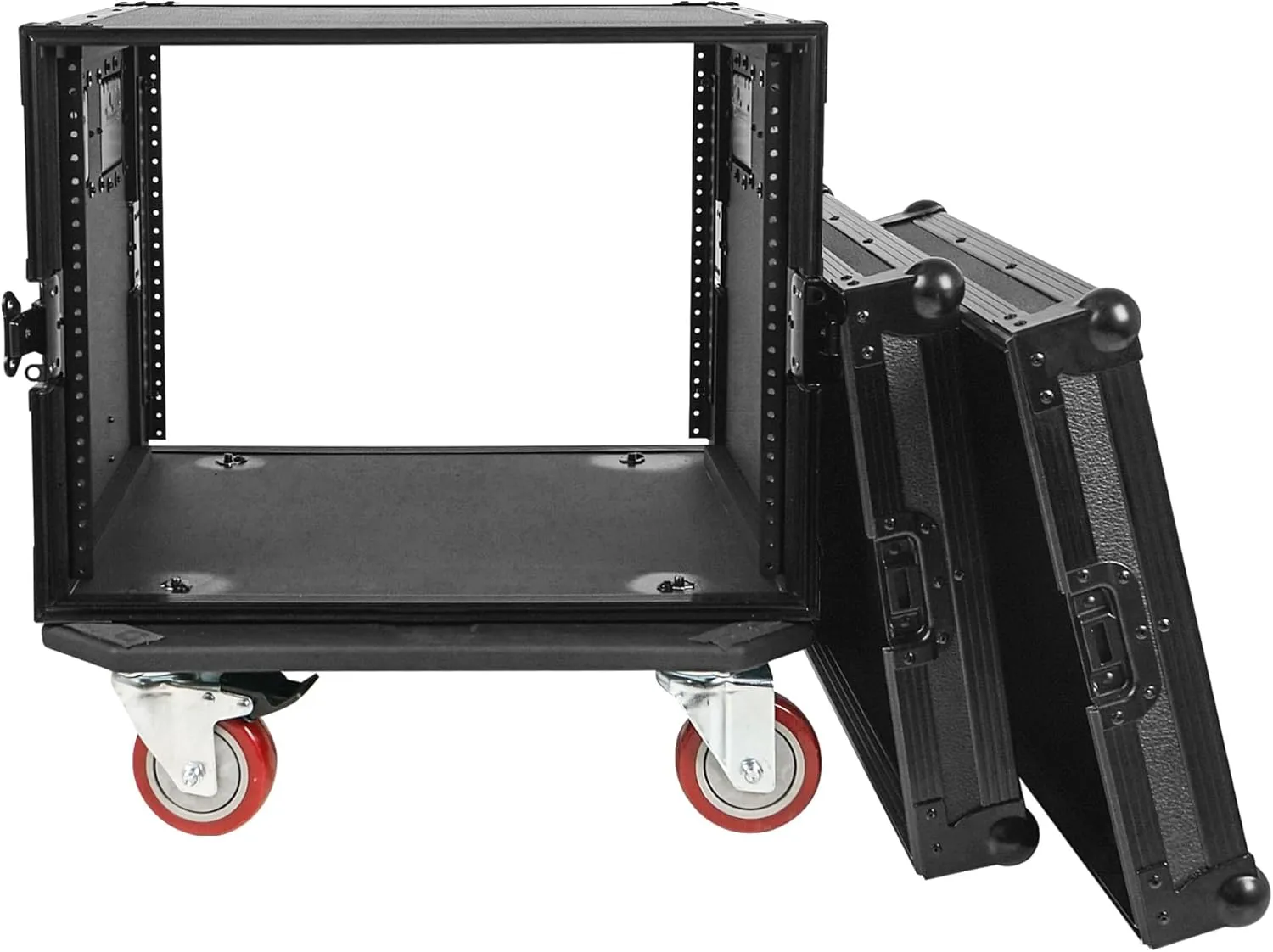 Sound Town Black Series 8U PA/DJ Rack/Road Case with 8-Space, All-Black Anodized Hardware, Plywood, Casters, and 21” Rackable Depth - Pro Tour Grade (STRC-B8UW)