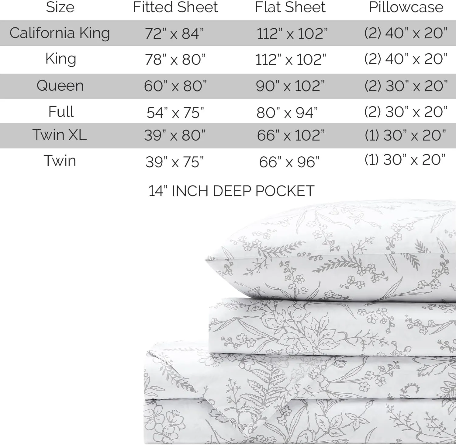 Southshore Fine Living, Inc. Winter Brush Collection, 4-Piece Queen Size Sheets Set, 14" Deep Pocket Fitted Sheet and White Flat Sheet Queen Set, White Sheets with Grey Flowers, Floral Pillow Cases
