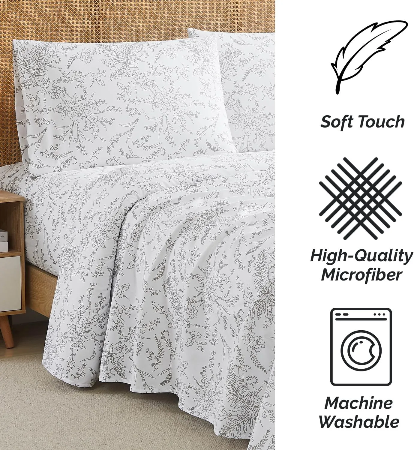 Southshore Fine Living, Inc. Winter Brush Collection, 4-Piece Queen Size Sheets Set, 14" Deep Pocket Fitted Sheet and White Flat Sheet Queen Set, White Sheets with Grey Flowers, Floral Pillow Cases