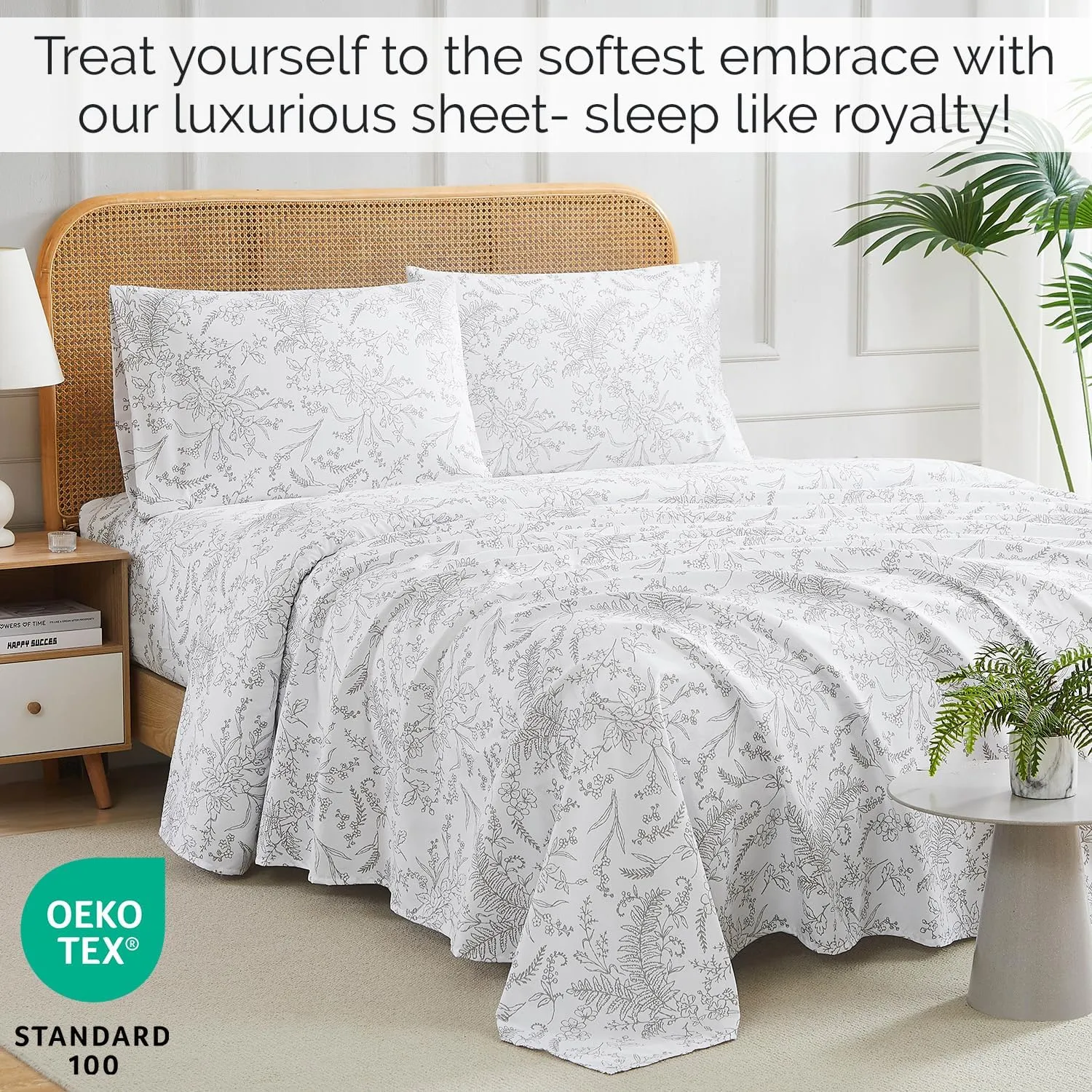 Southshore Fine Living, Inc. Winter Brush Collection, 4-Piece Queen Size Sheets Set, 14" Deep Pocket Fitted Sheet and White Flat Sheet Queen Set, White Sheets with Grey Flowers, Floral Pillow Cases