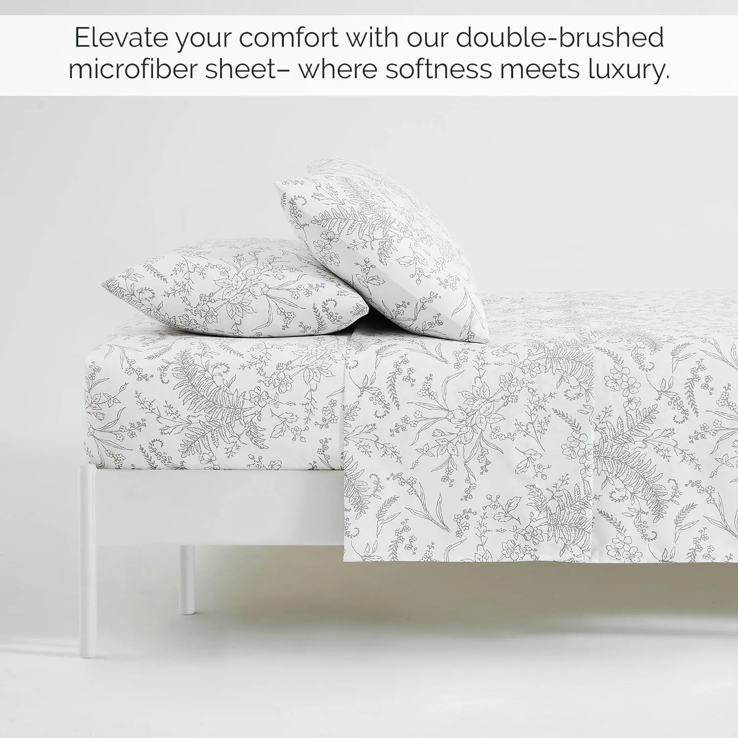 Southshore Fine Living, Inc. Winter Brush Collection, 4-Piece Queen Size Sheets Set, 14" Deep Pocket Fitted Sheet and White Flat Sheet Queen Set, White Sheets with Grey Flowers, Floral Pillow Cases