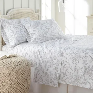 Southshore Fine Living, Inc. Winter Brush Collection, 4-Piece Queen Size Sheets Set, 14" Deep Pocket Fitted Sheet and White Flat Sheet Queen Set, White Sheets with Grey Flowers, Floral Pillow Cases