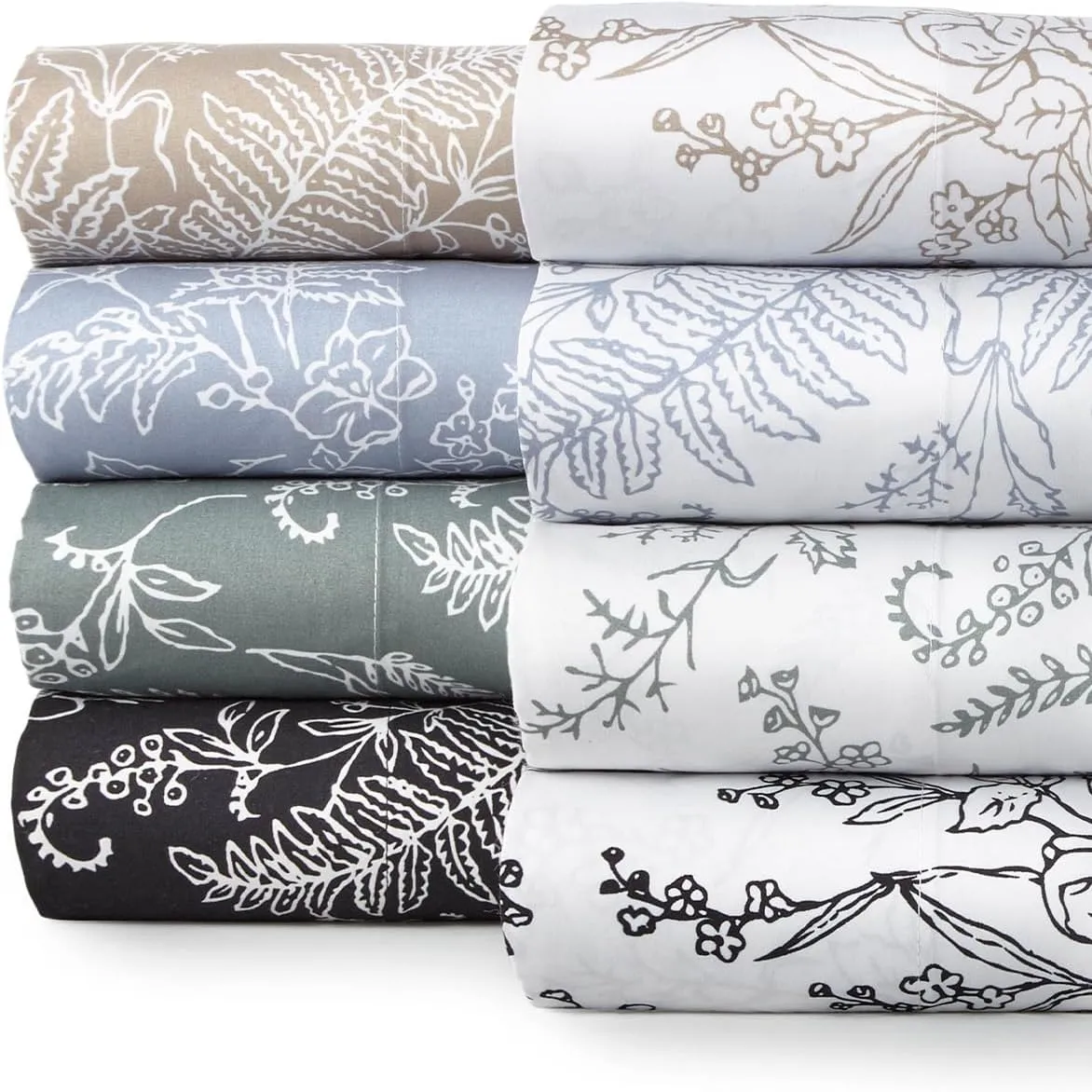 Southshore Fine Living, Inc. Winter Brush Collection, 4-Piece Queen Size Sheets Set, 14" Deep Pocket Fitted Sheet and White Flat Sheet Queen Set, White Sheets with Grey Flowers, Floral Pillow Cases