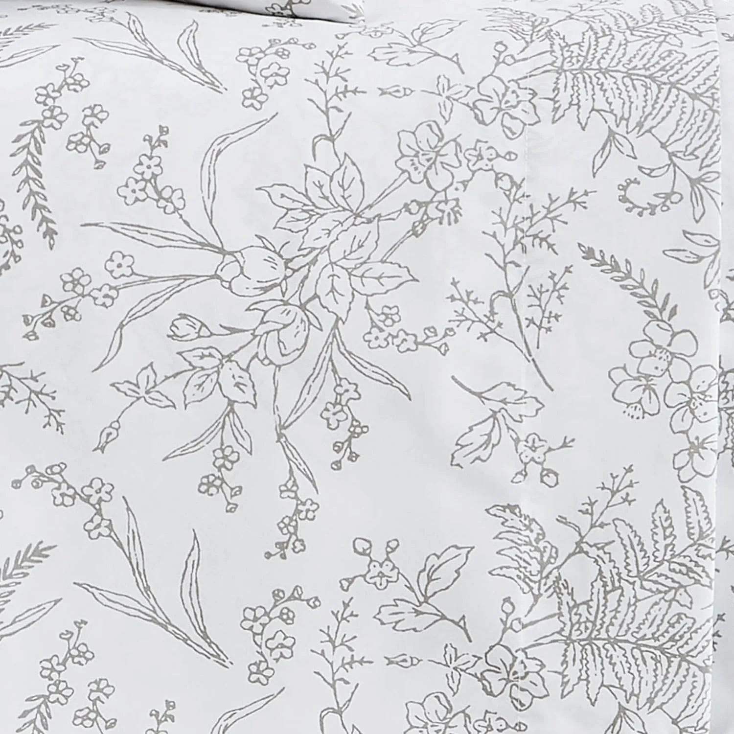 Southshore Fine Living, Inc. Winter Brush Collection, 4-Piece Queen Size Sheets Set, 14" Deep Pocket Fitted Sheet and White Flat Sheet Queen Set, White Sheets with Grey Flowers, Floral Pillow Cases