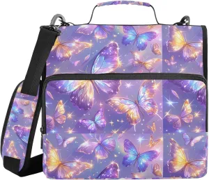 Sparkling Butterfly Purple Sturdy Zipper Binder with Shoulder Strap & Handle Multiple Pockets 1.5 Inch 3 Rings Pencil Cases Portfolio Binder Stationery Supply