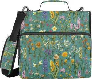 Spring Flowers Cornflower Lily Teal Office Binder Organizer with Shoulder Strap & Handle Waterproof 1.5 Inch 3 Rings Portfolio Binder Bag Stationery Supply
