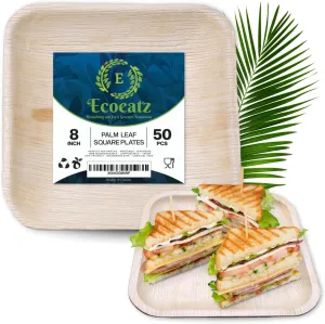 Square Palm Leaf Plates 8 Inch – 50 Pack Compostable Bamboo Style Disposable Dinnerware, Sustainable Appetizer & Dessert Plates for Parties, Picnics, Outdoor Events, and Weddings