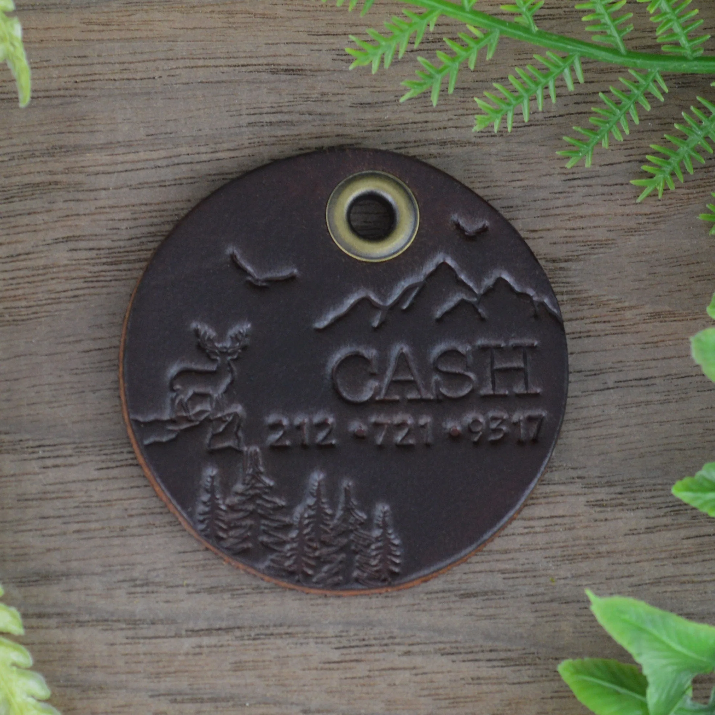 Stag on the Ridge Hand Tooled Leather Dog Tag