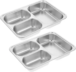 Stainless Steel Divided Dinner Plates - Set of 2 Rectangular Sectional Trays with 3 Compartments for Camping - Meal Prep and Portion Control Metal Plates for Outdoor