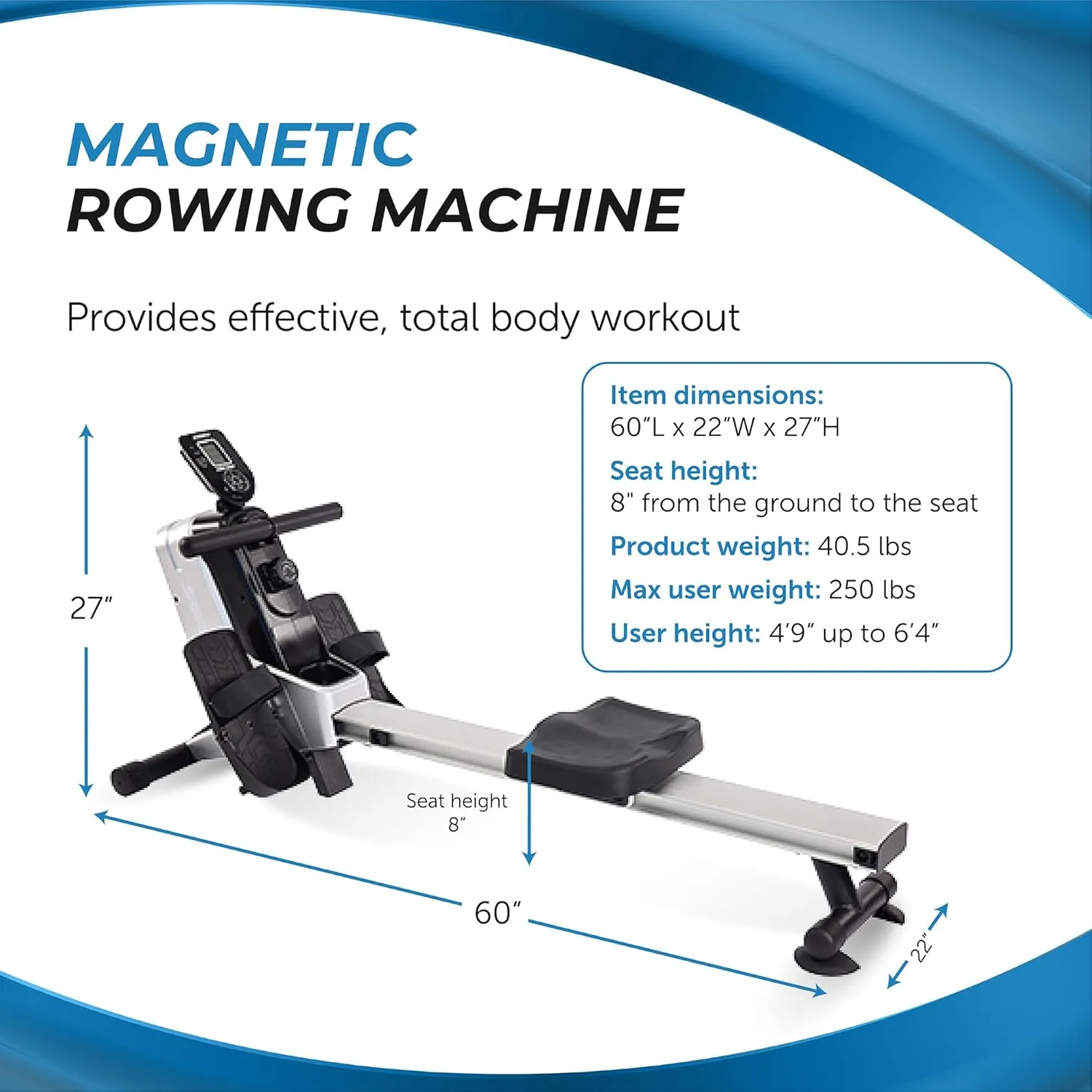Stamina Magnetic Rower - Rower Machine with Smart Workout App - Rowing Machine with Magnetic Resistance for Home Gym Fitness - Up to 250 lbs Weight Capacity