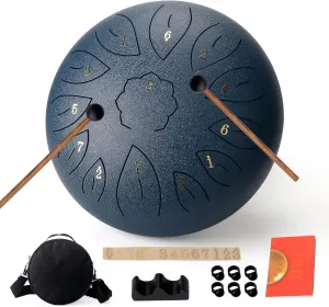 Steel Tongue Drum - 12 Inch, 13 Notes Blue Handpan with Bag, Book, Mallets - Ideal for Music Therapy, Yoga, Relaxation